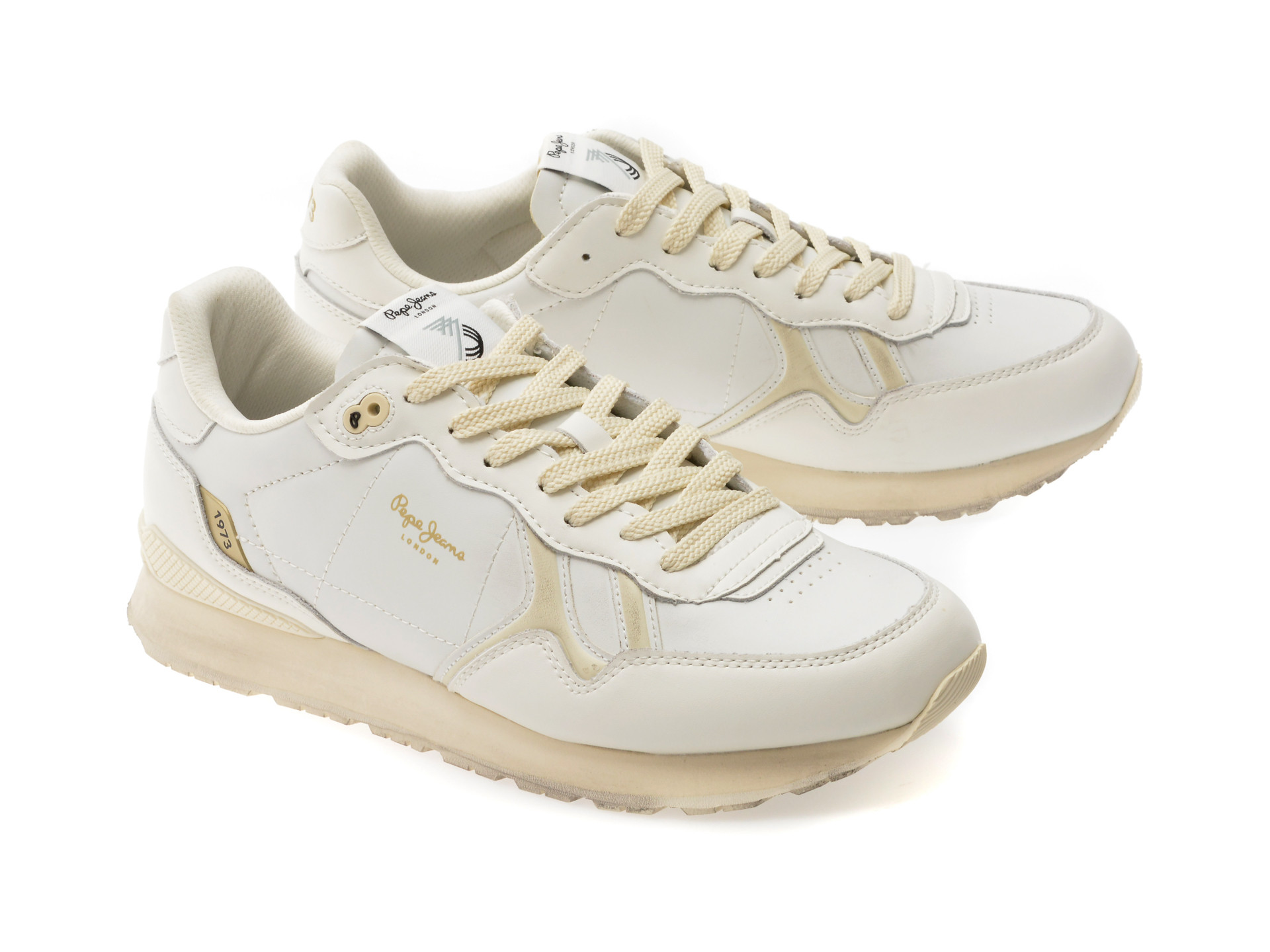 Pantofi sport PEPE JEANS albi, BRIT DISTRESS, din piele ecologica