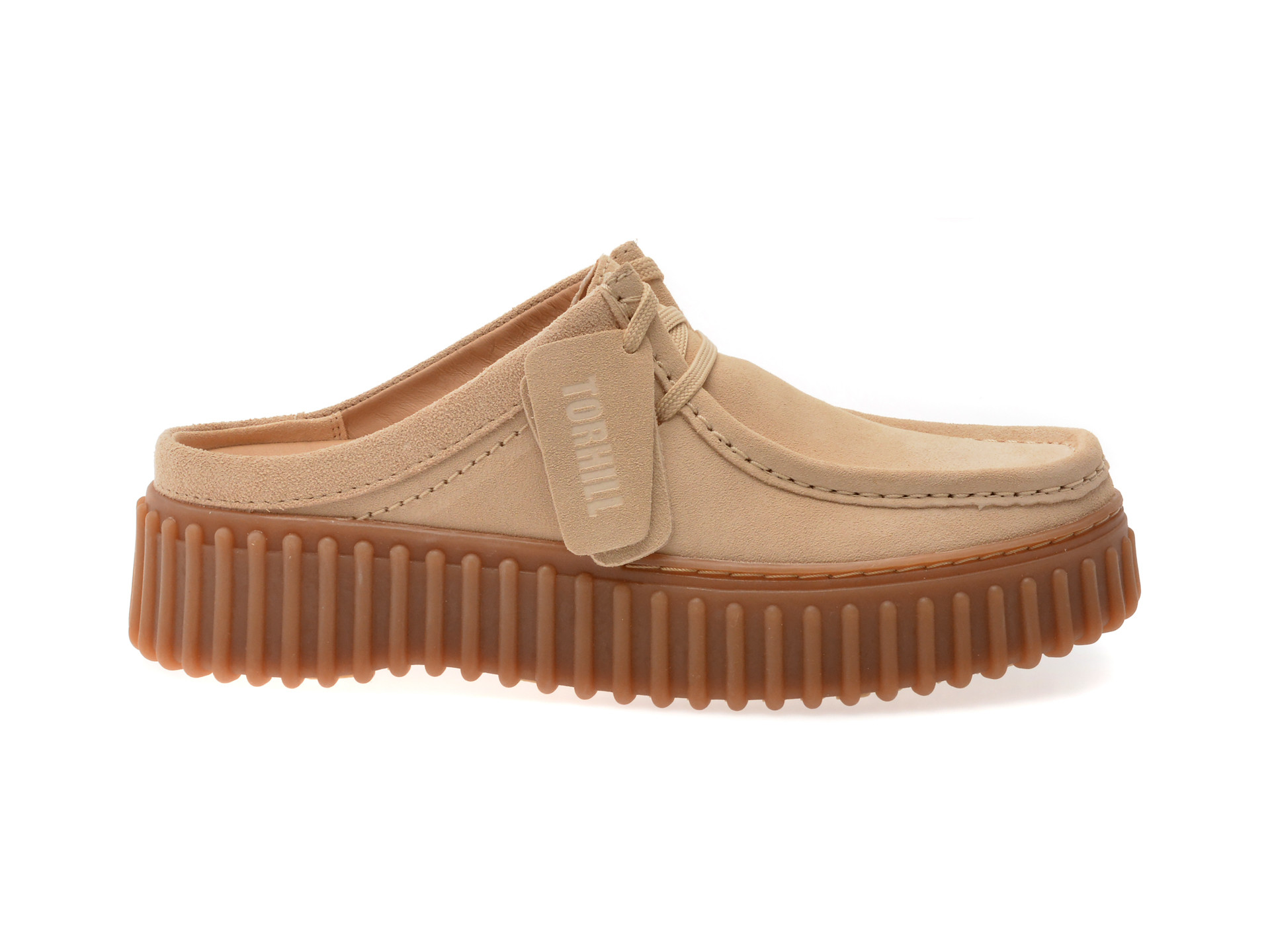 Papuci CLARKS bej, TORHILL MULE, din piele intoarsa