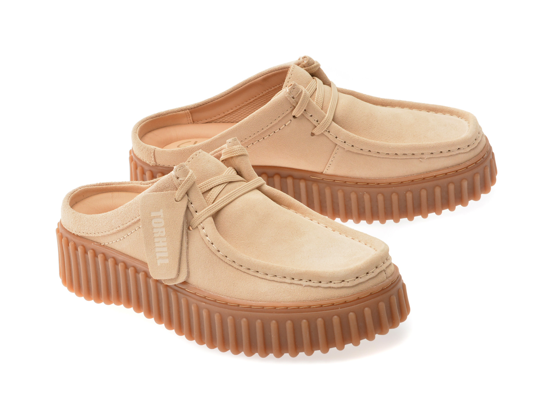 Papuci CLARKS bej, TORHILL MULE, din piele intoarsa