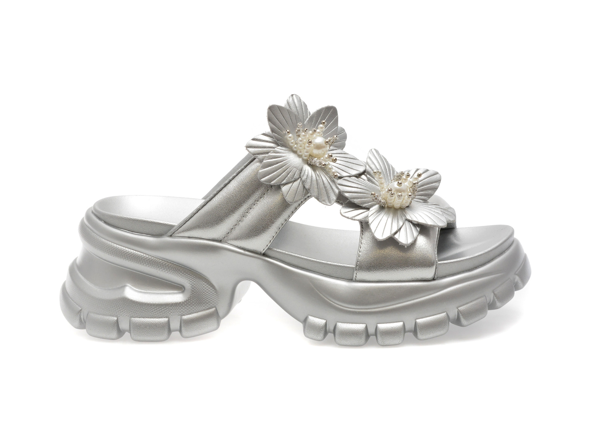 Papuci EPICA argintii, 241009, din piele naturala
