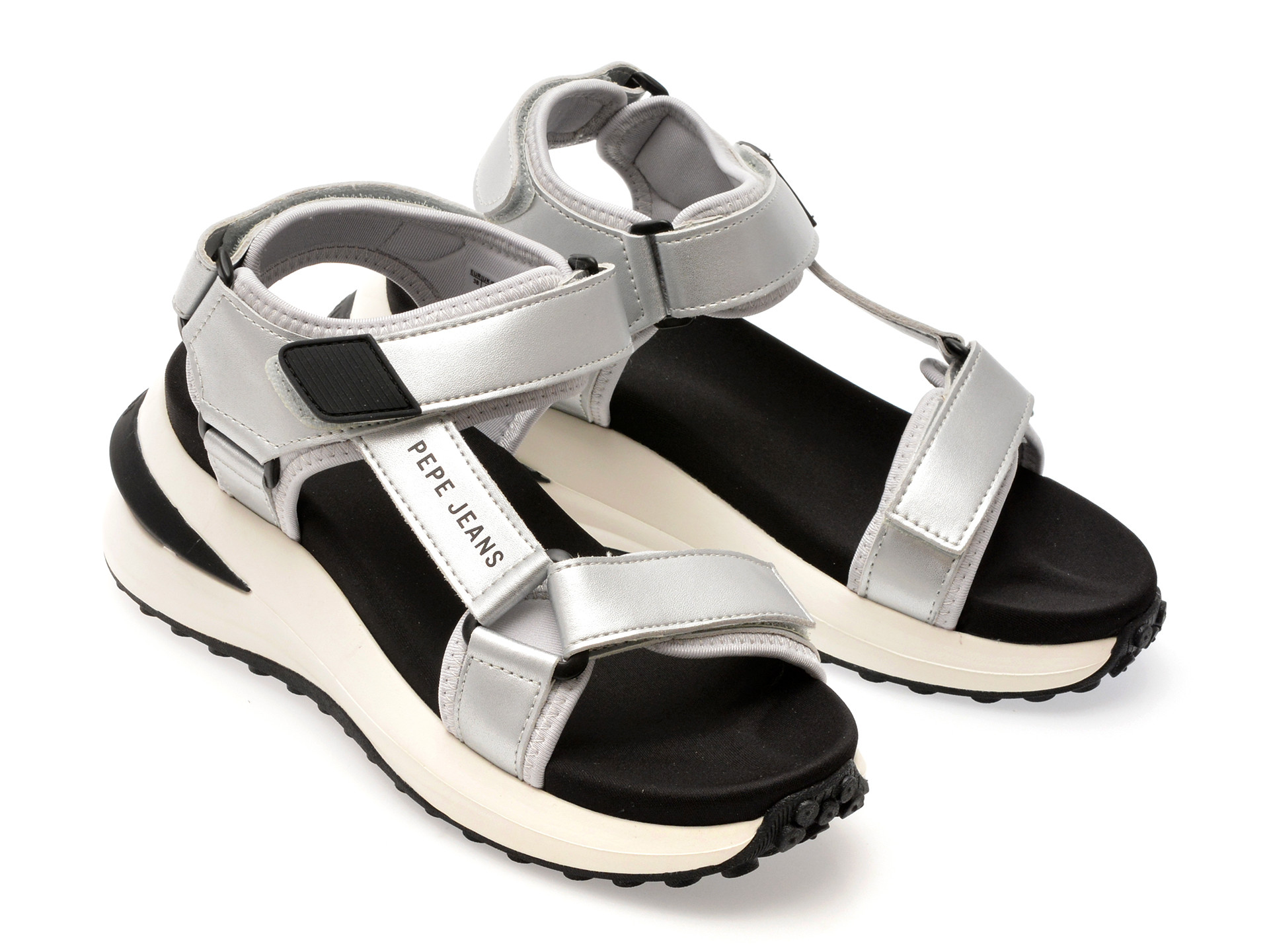 Sandale PEPE JEANS argintii, WINSLOVE SHINE, din piele naturala