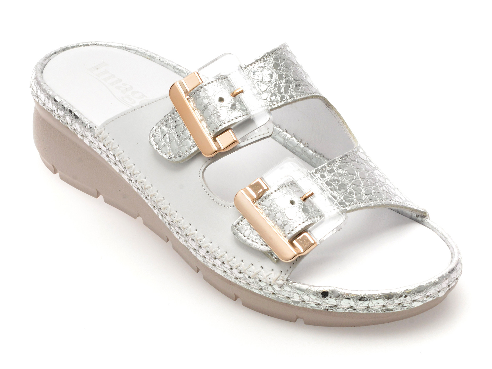 Papuci IMAGE albi, 91123, din piele naturala