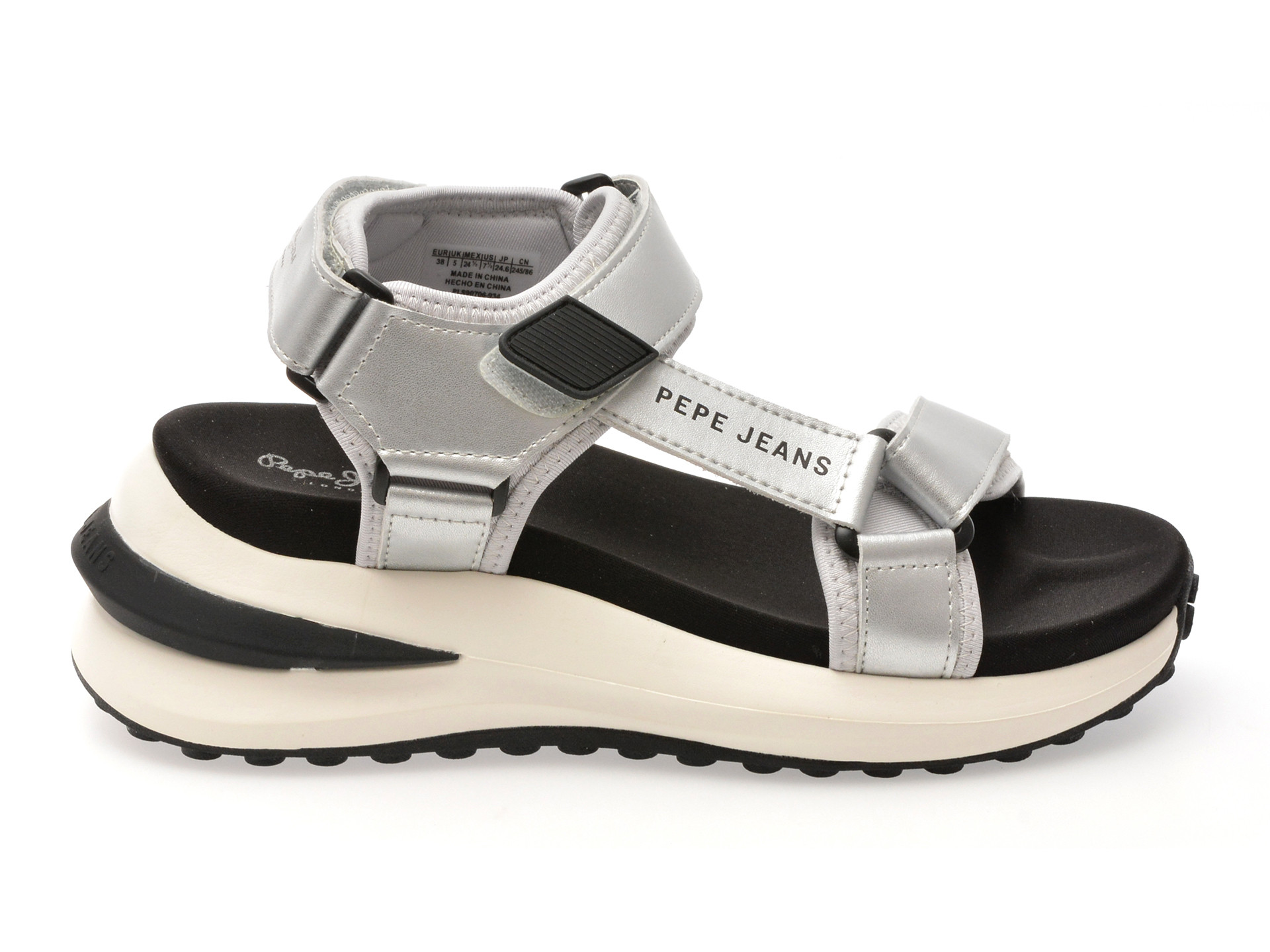 Sandale PEPE JEANS argintii, WINSLOVE SHINE, din piele naturala