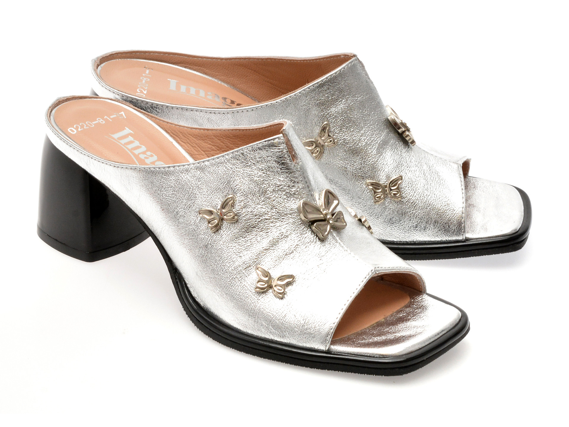 Papuci IMAGE argintii, 6020220, din piele naturala