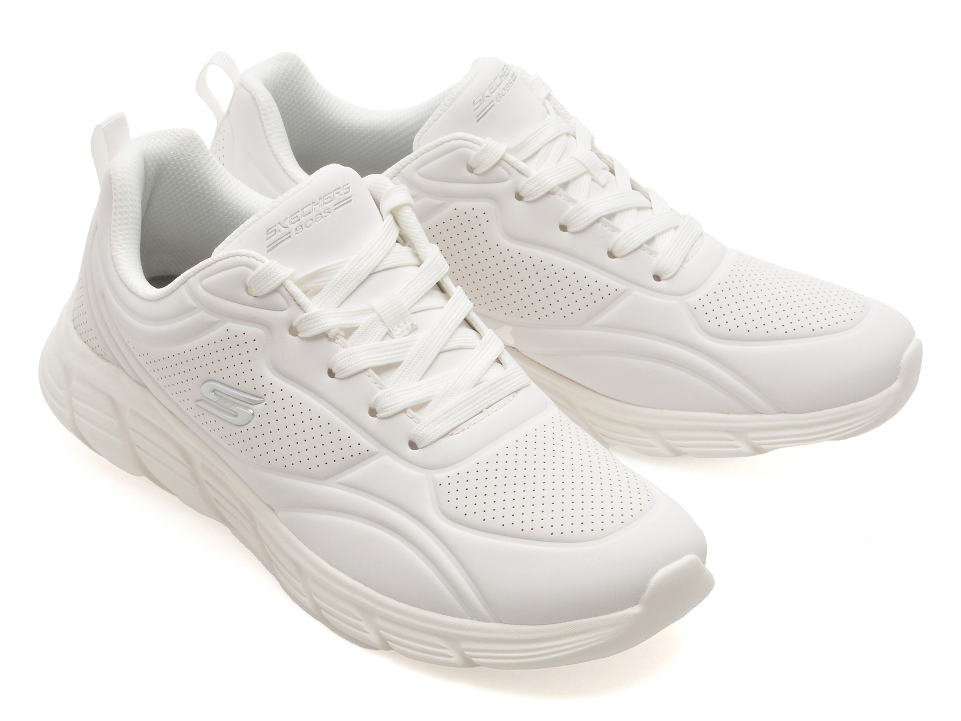 Pantofi sport SKECHERS albi, BOBS B FLEX LO, din piele ecologica