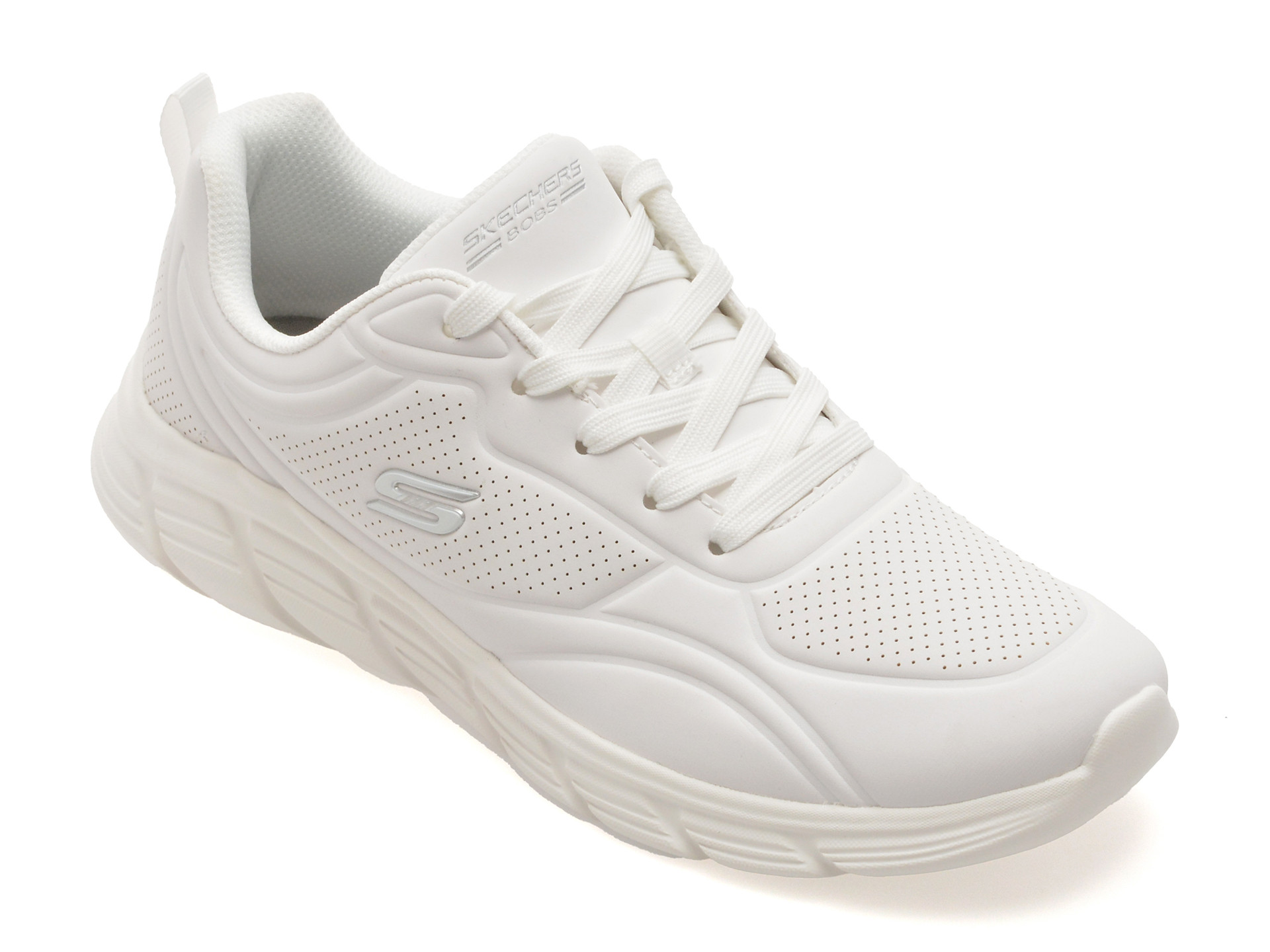 Pantofi sport SKECHERS albi, BOBS B FLEX LO, din piele ecologica