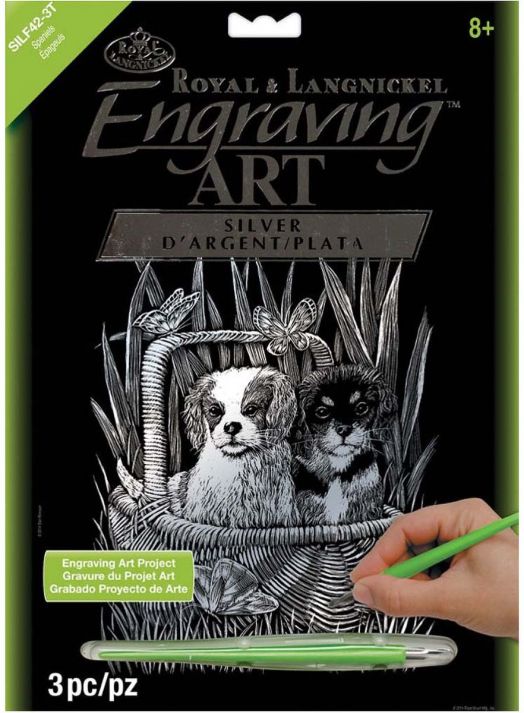 Комплект за гравиране Royal & Langnickel - Сребърна основа - кученца в кошница, 20 x 25 см.