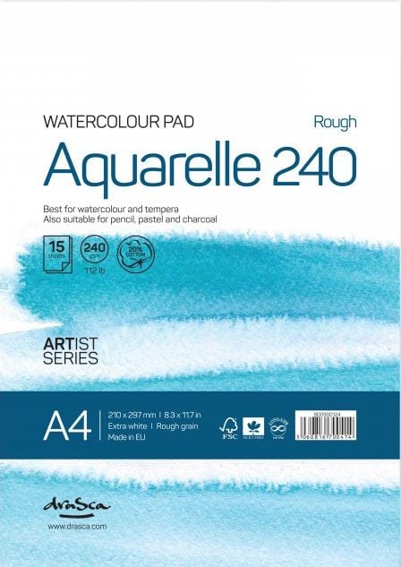 Скицник Drasca Watercolour Pad Aquarelle Rough А4, 15 бели листа