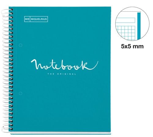 Тетрадка Miquelrius Emotions A5 със спирала, 80 листа на малки квадратчета, синьо-зелена