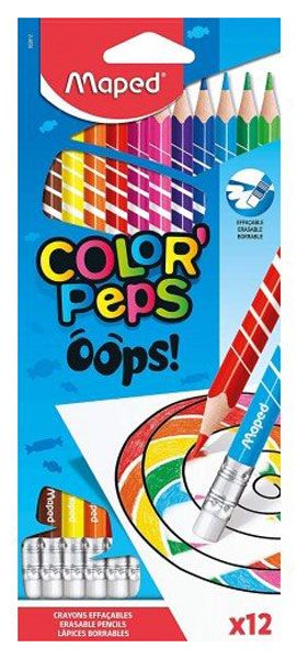 Цветни моливи Maped Color'Peps Oops, с гумичка, 12 цвята