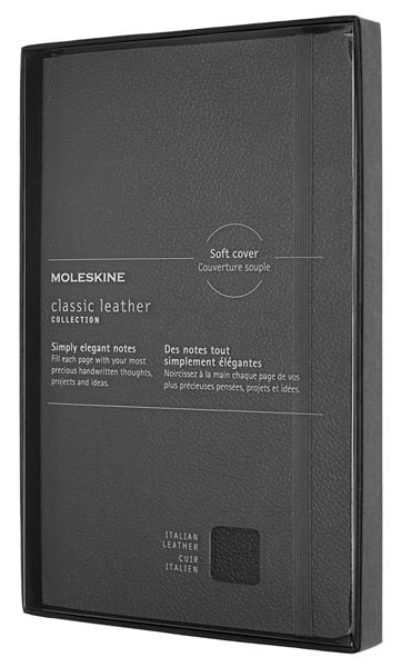 Кожен класически тефтер Moleskine Classic Leather Black с меки корици и листа на широки редове