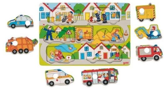 Дървен пъзел Goki - На улицата, с фон