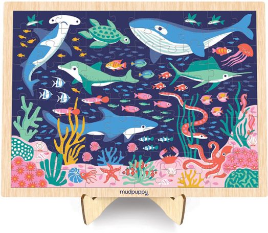 Дървен пъзел с дисплей Mudpuppy - Океански живот, 100 части