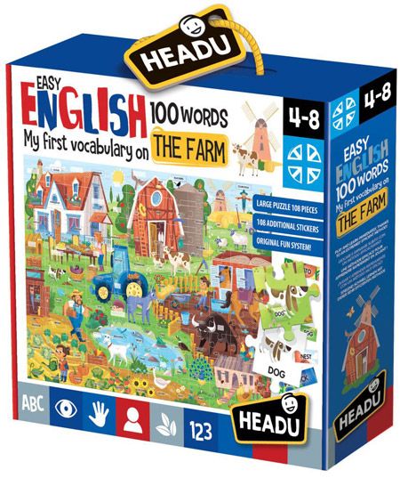 Двустранен пъзел Headu - Първи 100 английски думи, Ферма