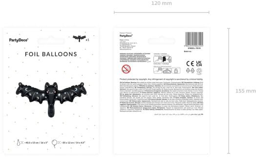 Фолиев балон PartyDeco - Прилеп, 35 х 12 см.