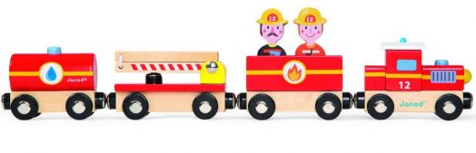 Дървена магнитна играчка Janod - Влак, пожарна команда