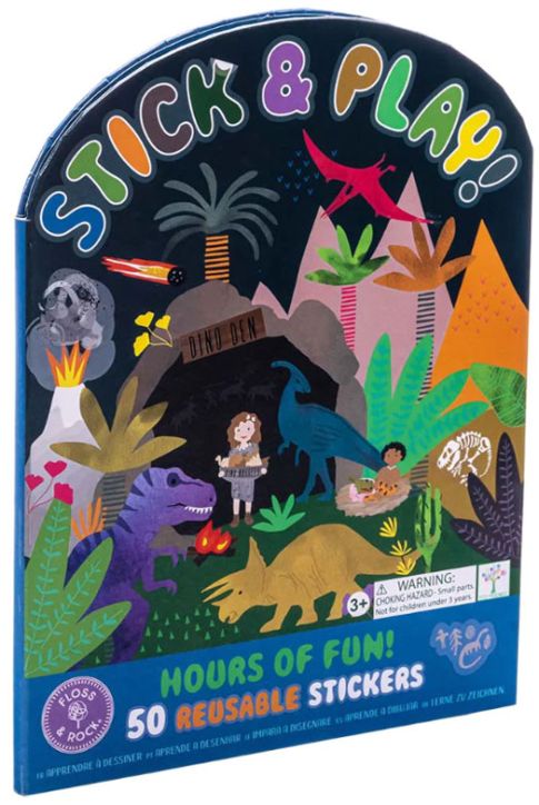 Книжка със стикери Floss & Rock, Stick and Play, Dinosaur - Динозаври
