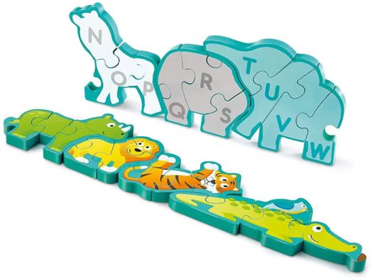 Двустранен дървен пъзел Hape - Азбука и животни