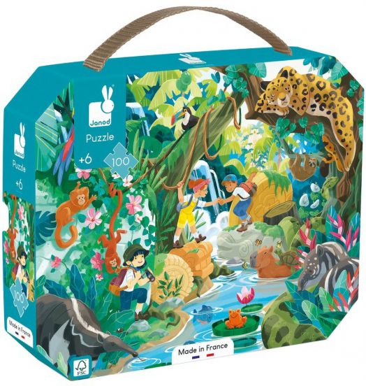 Детски пъзел в куфарче Janod - Приключения в джунглата, 100 части