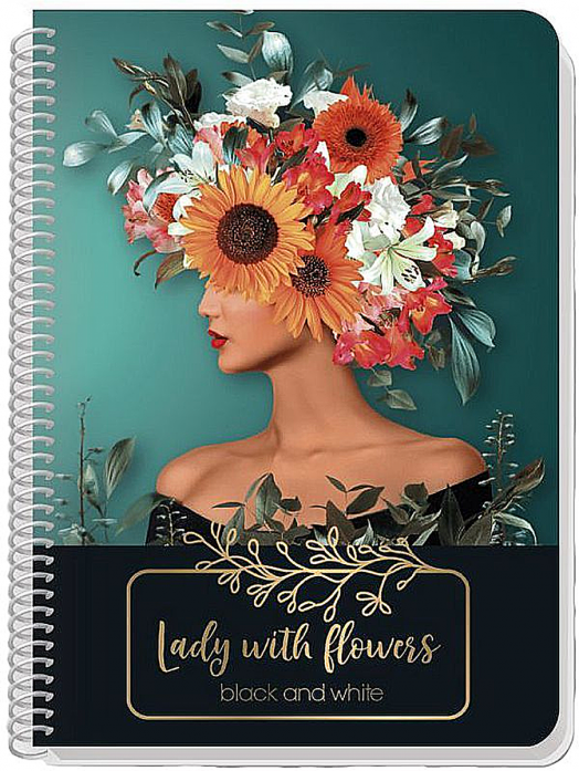 Тетрадка Black & White Lady With Flowers B5 със спирала, 60 листа, широки редове
