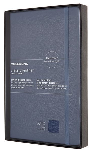 Кожен класически тефтер Moleskine Classic Leather Blue с твърди корици и листа на широки редове