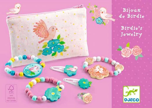 Дървени бижута в текстилно портмоне Djeco - Птици
