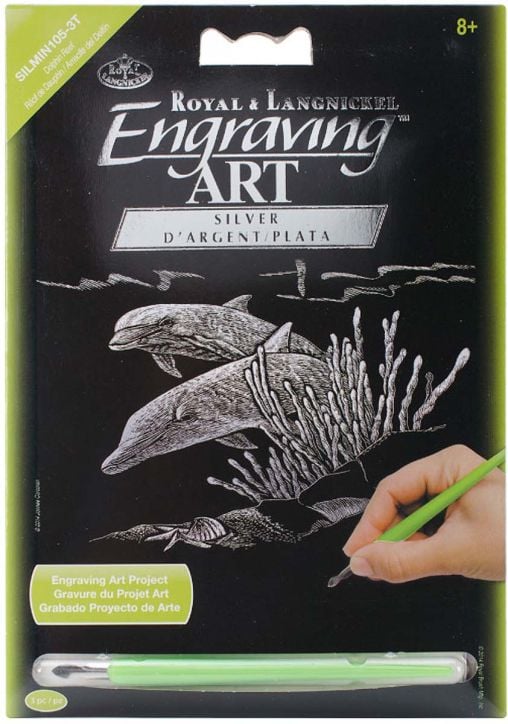Комплект за гравиране Royal & Langnickel - Сребърна основа - плуващи делфини, 13 x 18 см.