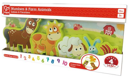 Двустранен дървен пъзел Hape - Числа и селскостопански животни