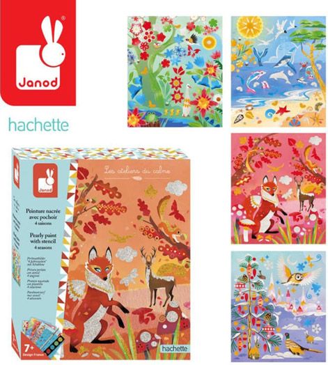 Творчески комплект Janod - 4 сезона за оцветяване с перлени бои