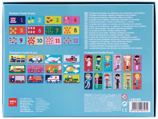 Комплект от 3 пъзела Apli Kids - Числата, Транспорт, Професии