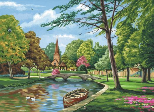 Комплект за лесно рисуване с акрилни бои върху платно Royal & Langnickel - Църква до реката