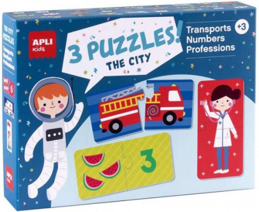 Комплект от 3 пъзела Apli Kids - Числата, Транспорт, Професии