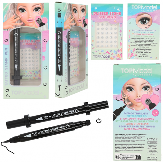 Комплект за татуировки с писалка, брокат и камъни Top Model, асортимент