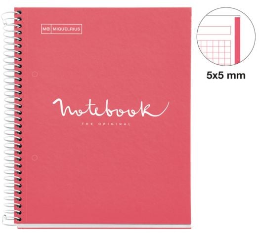 Тетрадка Miquelrius Emotions А5 със спирала, 80 листа на малки квадратчета, корал