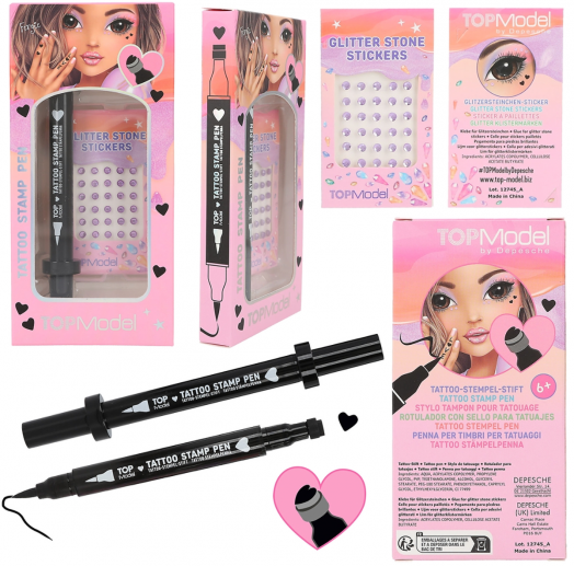 Комплект за татуировки с писалка, брокат и камъни Top Model, асортимент