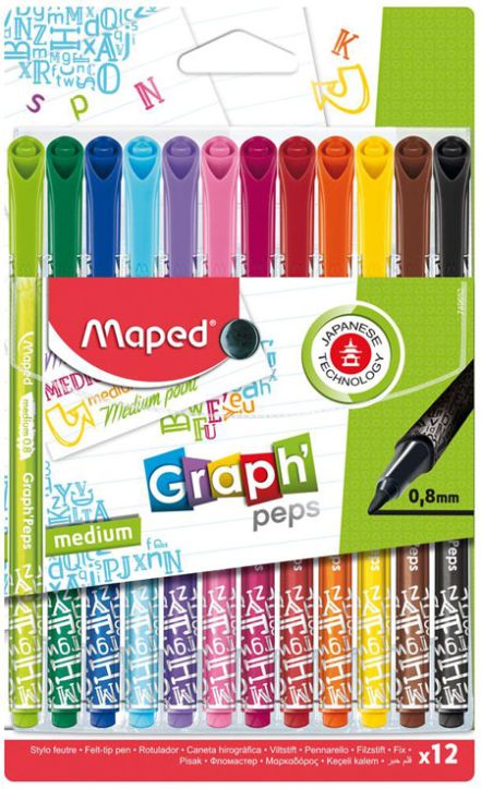 Комплект тънкописци Maped Graph Peps Premium, 12 цвята