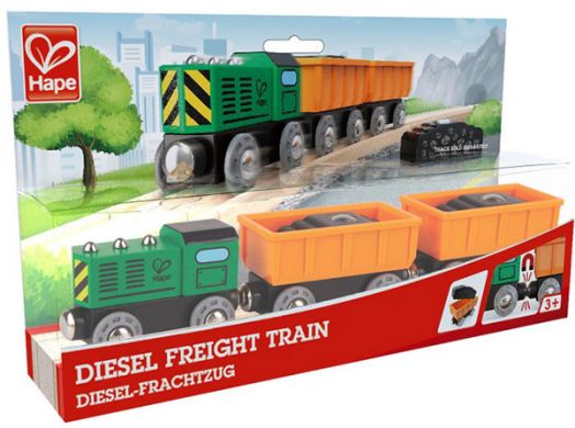 Игрален комплект Hape - Товарен влак с дизелов локомотив