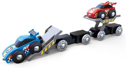 Дървена играчка Hape - Влакче с автовоз и 2 колички
