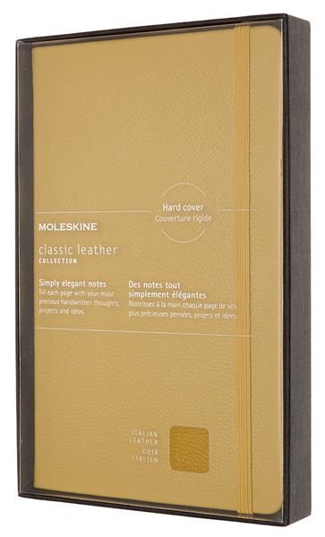 Кожен класически тефтер Moleskine Classic Leather Yellow с твърди корици и листа на широки редове