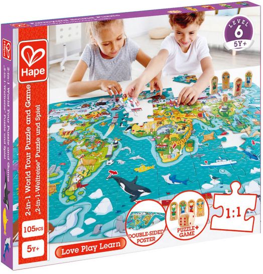 Пъзел и игра 2 в 1 Hape - Световна обиколка