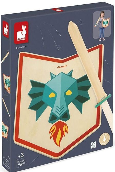 Детски комплект Janod - Дървени меч и щит, дракон