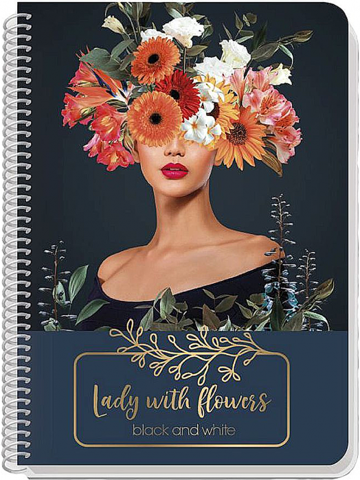 Тетрадка Black & White Lady With Flowers B5 със спирала, 60 листа, широки редове