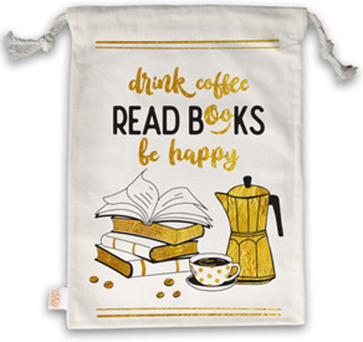 Торбичка за книги с връзки - Drink Coffee, read books be happy