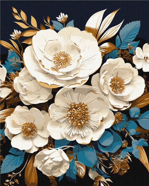 Комплект за лесно рисуване с акрилни бои Ideyka - Бели цветя, 40 x 50 см.