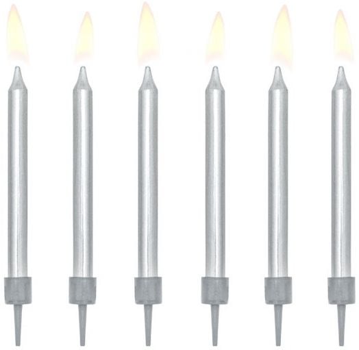 Свещи за рожден ден PartyDeco - Сребърни, 6 бр.