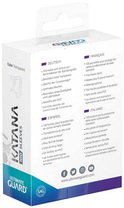 Протектори за карти Ultimate Guard: Katana Sleeves Standard Size, 100 бр., прозрачни
