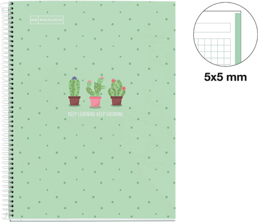Тетрадка Miquelrius Cactus A4 със спирала, 80 листа, малки квадратчета, мента