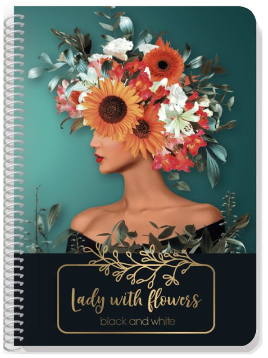 Тетрадка Black & White Lady With Flowers А4 със спирала, 90 листа - широки редове