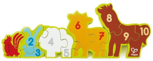 Двустранен дървен пъзел Hape - Числа и селскостопански животни
