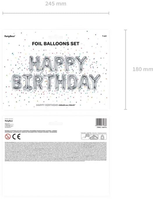 Фолиев балон PartyDeco - Happy Birthday, сребърен